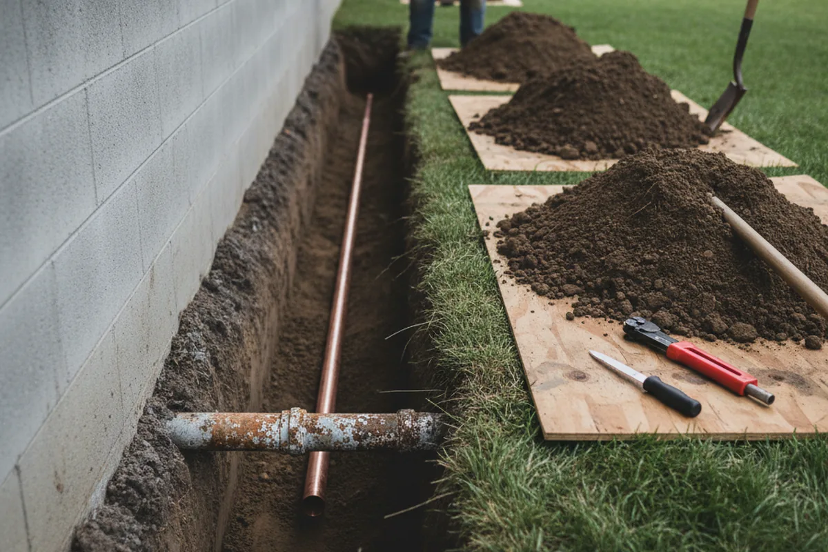 Excavated water line trench during Water Heater Repair in Decatur